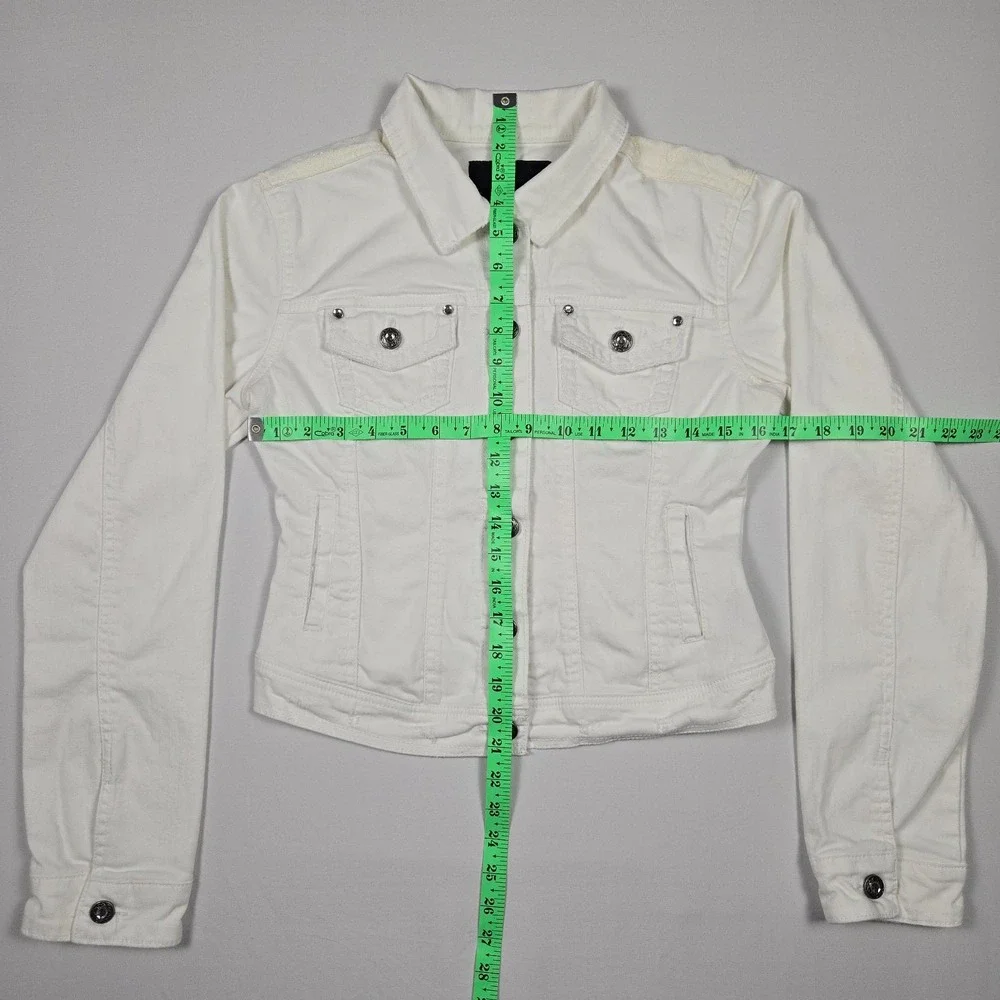 Daytrip White Denim Jacket M Rhinestone Lace Back‎ Trucker Western Glam Coquette